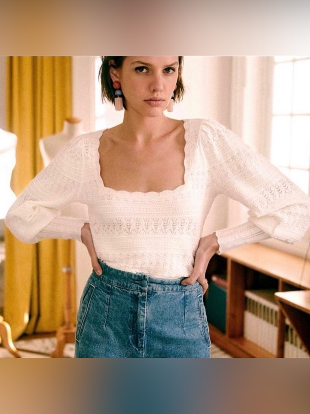 Sezane White Knit Square-Neck Sweater